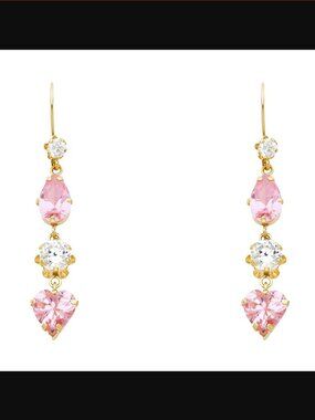 14KT Gold Dangling Light Pink Teardrop, Flower, and Heart Earrings